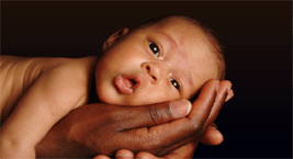 Infant gently held in hands