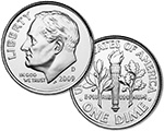 Roosevelt Dime. Obverse depicts a portrait of Roosevelt. Reverse depicts a torch, an olive branch, and an oak branch.