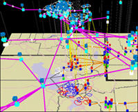 This model overlays energy infrastructure networks on a specific location. The vertical lines identify system interdependencies.