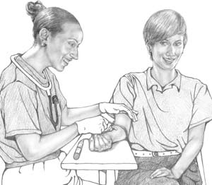 Illustration of a nurse drawing blood from a woman's arm.