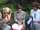 A trail group looking over map of Rabbit Creek Trail