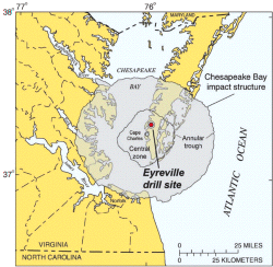 Chesapeake Bay Impact Crater map, showing area of impact structure and drill site