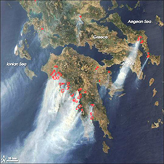 Widespread fires in sourthern Greece.