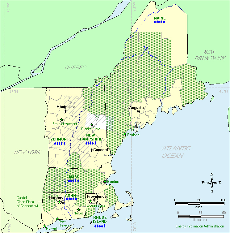 This map of New England shows the potential for solar, geothermal, and wind energy, as well as indicators of hydroelectric, biomass, and wood energy potential.
If you have trouble reading this map, please call 1-202-586-8800.