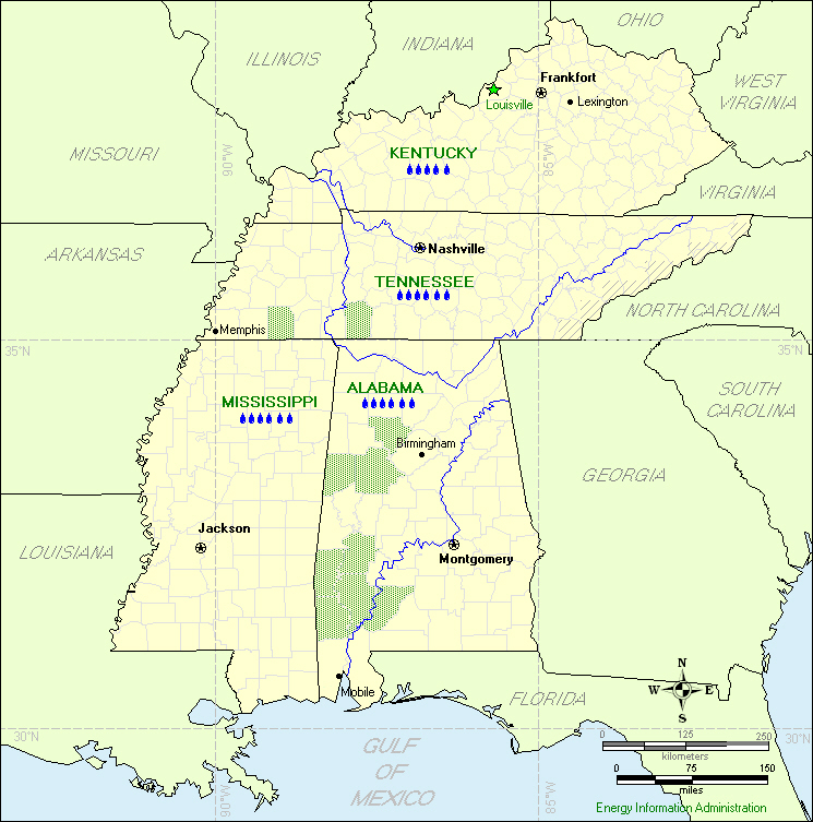 This map of the East South Central Division shows the potential for solar, geothermal, and wind energy, as well as indicators of hydroelectric, biomass, and wood energy potential.
If you have trouble reading this map, please call 1-202-586-8800.