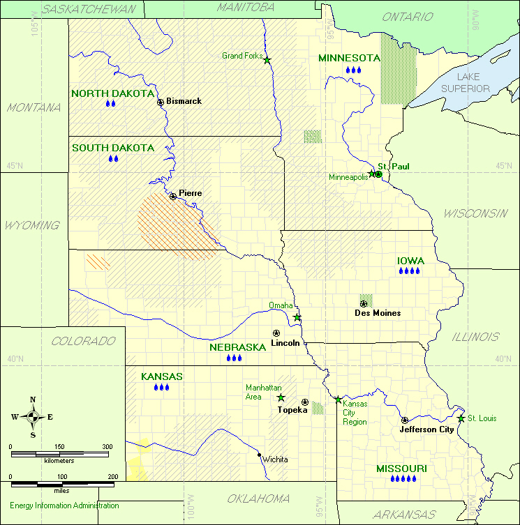 This map of the West North Central Division shows the potential for solar, geothermal, and wind energy, as well as indicators of hydroelectric, biomass, and wood energy potential.
If you have trouble reading this map, please call 1-202-586-8800.