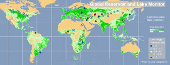 This map shows close to 100 lakes around the world whose water levels are routinely monitored.