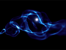 Frame from a simulation showing the X-rays produced by a black hole and its effects on nearby gas.