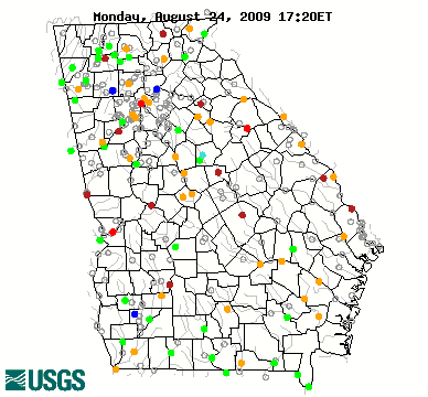 Current streamflow conditions in Georgia; click to go to a live map.