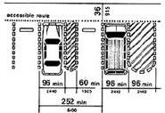 car space 96 inch min. wide with 60 icnh min. aisle; van space 96 inch min. wide with a 96 inch min. aisle