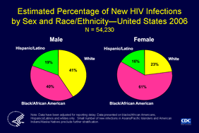Slide 8: Estimated Percentage of New HIV Infections by Sex and Race/Ethnicity—United States 2006 N = 54,230

Based on a stratified extrapolation approach, using a biological marker of recent HIV infection,  CDC estimated the incidence of HIV infections in 2006 as 56,300 new infections, with a 95% confidence interval of 48,200 to 64,500. 

Subpopulation analysis performed on estimated HIV incidence in blacks/African Americans, Hispanics/Latinos and whites in the United States, 2006, is reported in the September 12, 2008 MMWR entitled 