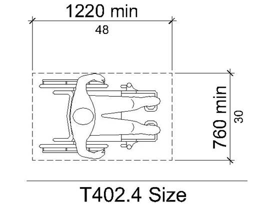 Figure T402.4 Size.  Plan view shows wheelchair space 760 mm (30 inches) wide minimum by 1220 mm (48 inches) long minimum.  