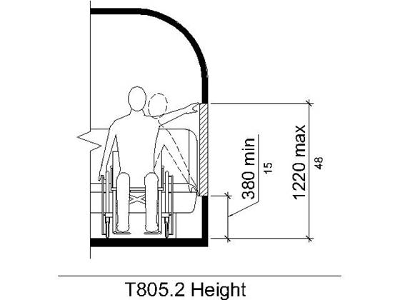 Figure T805.2 Height.  Elevation figure shows reach range of a person using a wheelchair to be 380 mm (15 inches) minimum and 1220 mm (48 inches) maximum above the vehicle floor.  