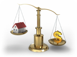Photo of a scale balancing a house and a gold dollar sign.