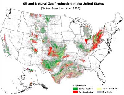 Map of oil and gas production in the lower 48 states.