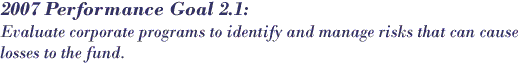 2007 Performance Goal 2.1: Evaluate corporate programs to identify and manage risks that can cause losses to the fund.