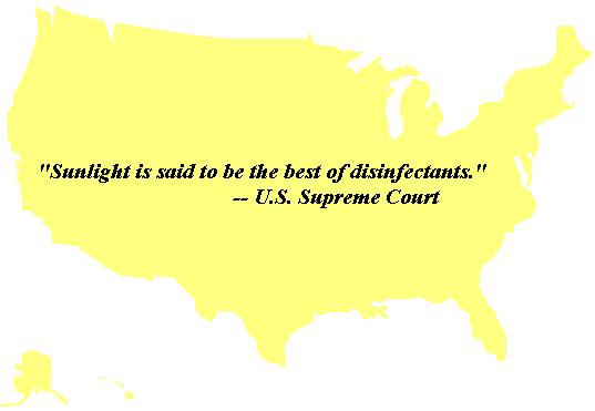 Image of US map with Supreme Court quote, "Sunlight is said to be the best of disinfectants."