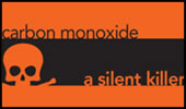 carbon monoxide a silent killer - text over orange field bisected by a black horizontal stripe with a stylized skull and crossbones on the left.
