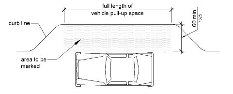 An access aisle at a passenger loading zone is shown to be the full length of the vehicle pull-up space and 60 inches (1525 mm) wide minimum.  The aisle area is to be marked.