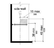 The area for controls, faucets and shower spray units is located 38 inches (965 mm) minimum to 48 inches (1220 mm) maximum above the shower floor on the control wall 15 inches (380 mm) maximum from the centerline of the seat, toward the shower opening.