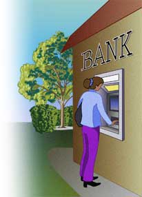 Ilustración de una mujer usando el cajero automático de un banco