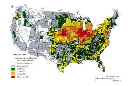 map showing levels of usage of atrazine in the USA