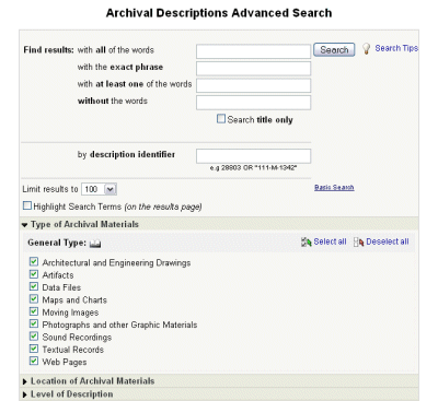 Archival Descriptions Advanced Search page