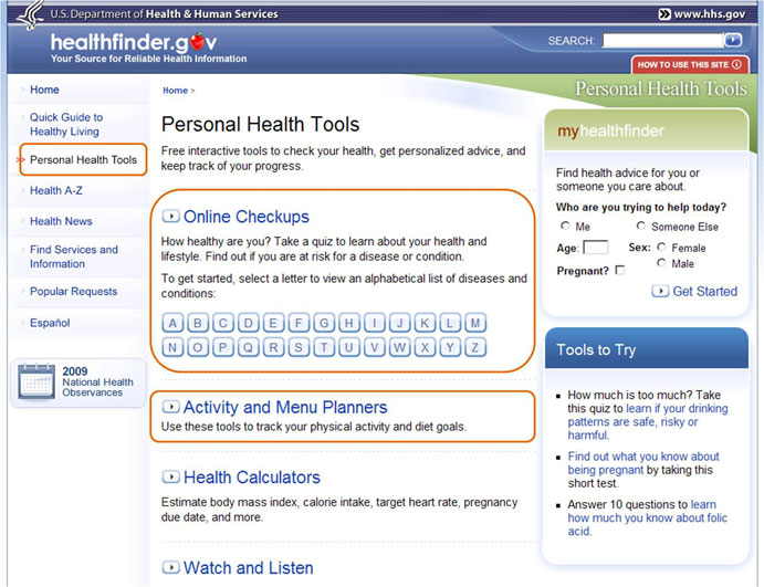The Personal Health Tools page with highlight outlining the Personal Heath Tools mavigation link