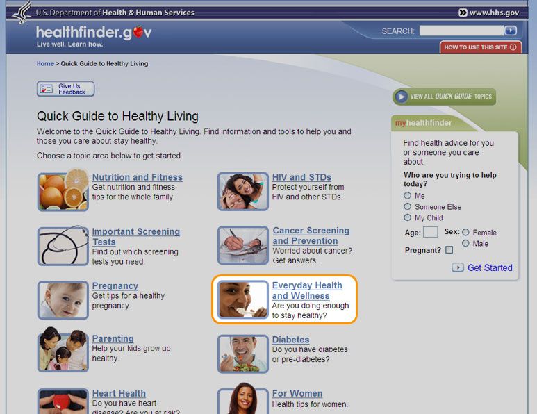 The Quick Guide to Healthy Living page with highlight outlining the Everyday Health and Wellness Topic
