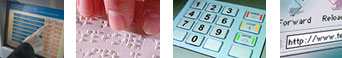 Photographs of a touch screen, braille, key pad and web page