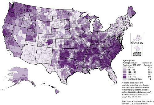 Tasas de mortalidad, por condado, de accidentes cerebrovasculares del 2000 al 2004 en adultos de 35 años de edad o más. El mapa muestra que las concentraciones de condados con las tasas más elevadas de accidentes cerebrovasculares, es decir, en el cuartil más alto, están ubicadas a lo largo de las planicies costeras del sureste, tierra adentro en las regiones sureñas de Georgia y Alabama y en el valle del río Mississippi.