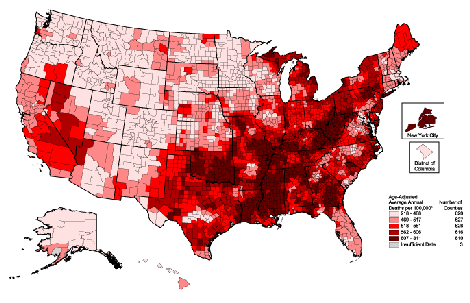 Heart Disease Death Rates for 1996 through 2000 for whites Aged 35 Years and Older by County. The map shows that concentrations of counties with the highest heart disease rates - meaning the top quintile - are located primarily in Appalachia and parts of the Mississippi Delta region from Mississippi up through the southeastern section of Missouri.