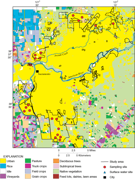 Map showing well locations and DWR land use in the Sacramento urban area.