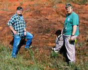 Oklahoma Geological Survey Staff Geologists Tom Stanley, left, and Galen Miller  mapping the Permian age Garber Sandstone Formation in Cleveland County, Oklahoma. Photo by Sue Crites, OGS.