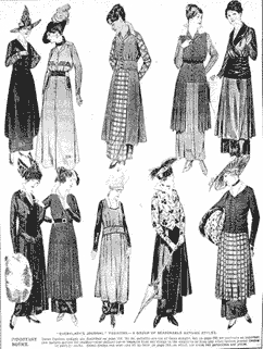 sketch shows various women's fashions from the early to middle 1800's.