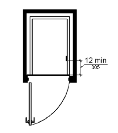 A plan view shows an elevator with an out-swinging hoistway door.  The control panel is shown on the car side wall 12 inches (305 mm) minimum from the front.