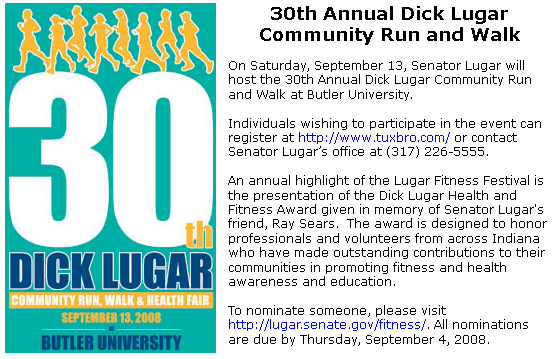 Information about the 30th Annunal Dick Lugar Community Run and Walk
