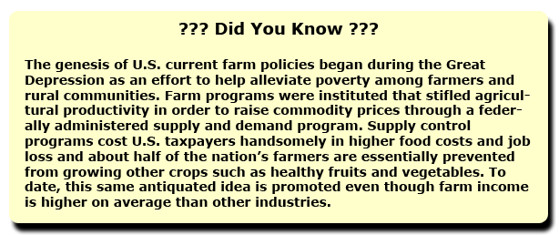 Did You Know? The genesis of U.S. current farm policies began during the Great Depression as an effort to help alleviate poverty among farmers and rural communities.  Farm programs were instituted that stifled agricultural productivity in order to raise commodity prices through a federally administered supply and demand program.  Supply control programs cost U.S. taxpayers handsomely in higher food costs and job loss and about half of the nation’s farmers are essentially prevented from growing other crops.