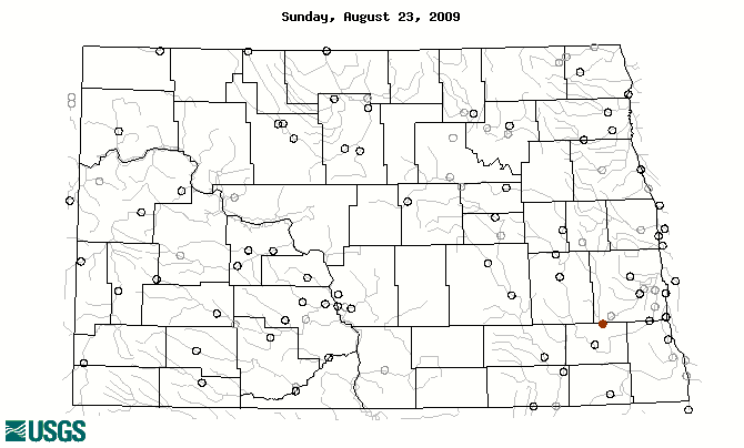 Map of below normal 7-day average streamflow compared to historical streamflow for the week of the year (North Dakota)