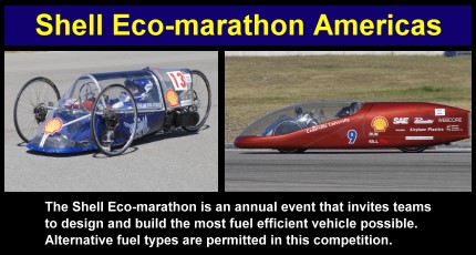 Shell Eco-marathon Americas - The Shell Eco-marathon is an annual event that invites teams to design and build the most fuel efficient vehicle possible. Alternative fuel types are permitted in this competition.