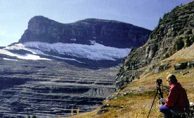 Karen Holzer prepares to photograph Boulder Glacier, Sept. 1998.