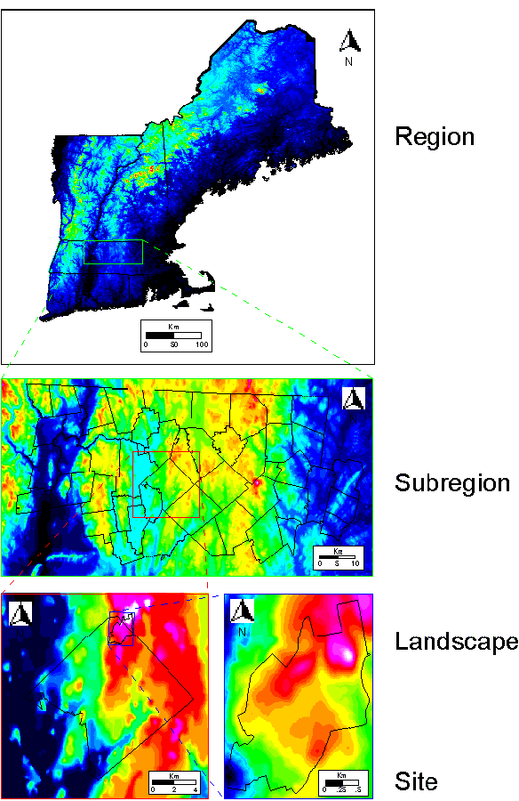 Figure 1 Maps of region, subregion, landscape and site