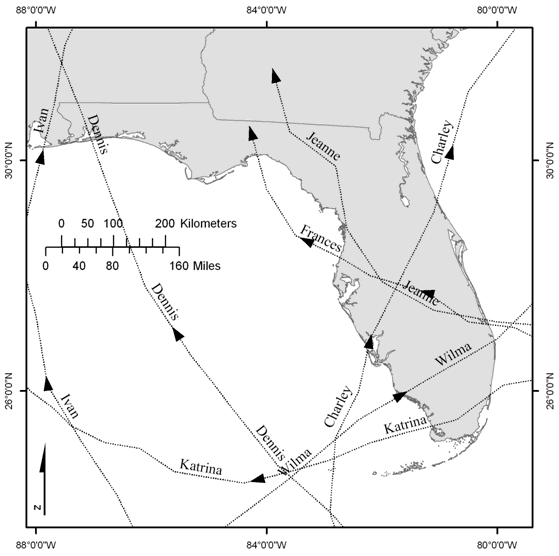 This map depicts the tracks of the hurricanes that impacted manatee habitat. Hurricanes Charley, Fra