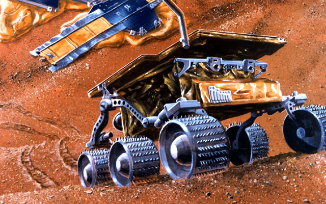 artist's concept of lander and rover on Mars