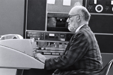 [Joshua Lederberg at a LINC computer teletype]. December 1974.