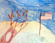 child's drawing of a landscape with American flag