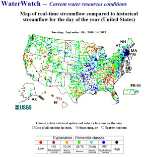 Waterwatch includes numerous map combinations of USGS streamflow measuring sites in the U.S.,
including current, drought, flood, historical, ... information.