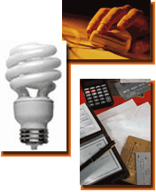 Clockwise: closeup of a hand using a computer mouse; a checkbook, credit cards, a calculator and bills; a Compact Fluorescent Light bulb