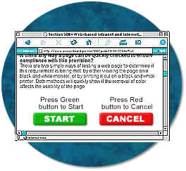 Program window with a green button labled "start" with text above: "Press Green button to Start." There is text above an adjacent red button labeled "cancel" that states "Press Red button to Cancel."