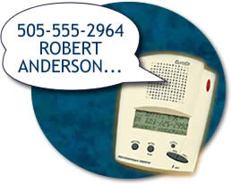 Talking ID box with a spoken word bubble. The phone number and caller name are in the bubble (505-555-2964, Robert Johnson).